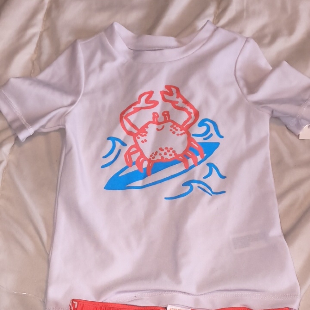 Kids White Swim Shirt with Coral Crab Graphic